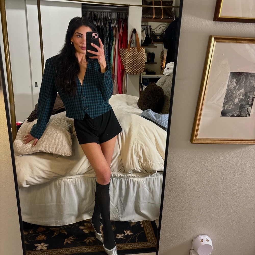 Vintage 90s Teal Checkered Cropped  Blazer | Dark Academia